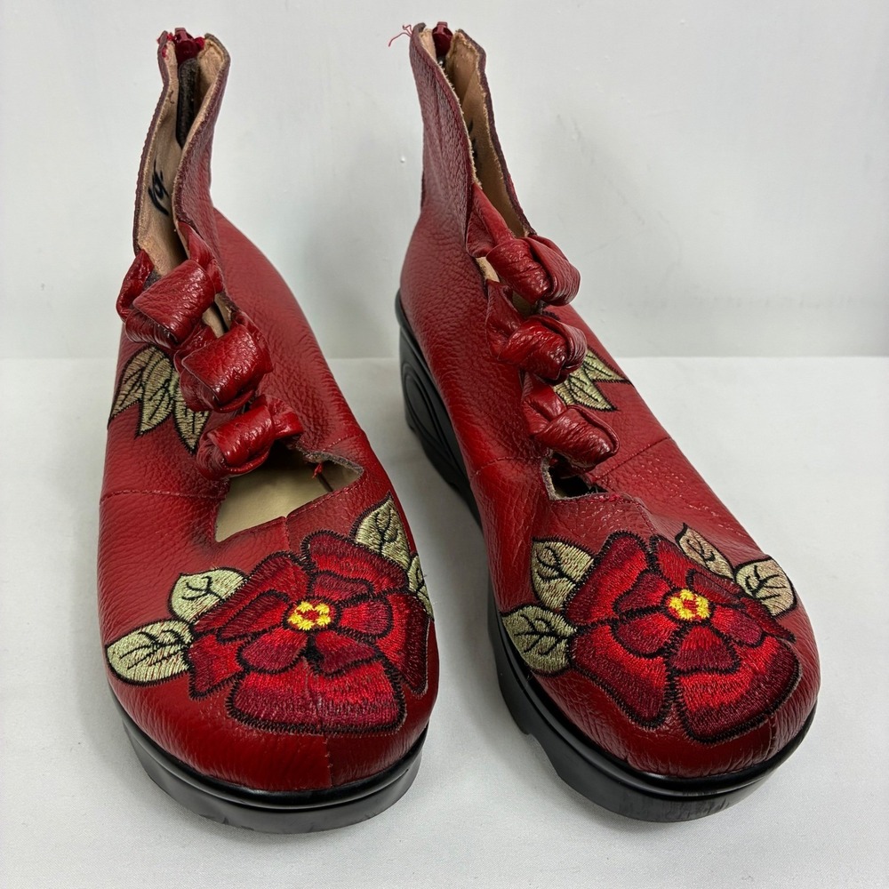 Socofy Red Leather Floral Embroidered Platform Wedge Booties Knotted Bows Zip